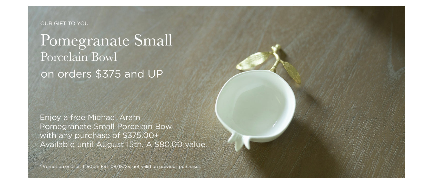 White porcelain bowl with gold leaf on a wooden surface, promotional text overlay.