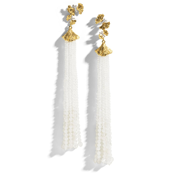 Butterfly Ginkgo Tassel Earrings with Moonstone and Diamonds