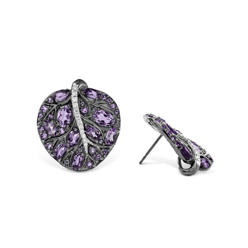 Michael Aram Botanical Leaf 25mm Earrings w/ Amethyst & Diamonds in Black Rhodium Sterling Silver & Sterling Silver