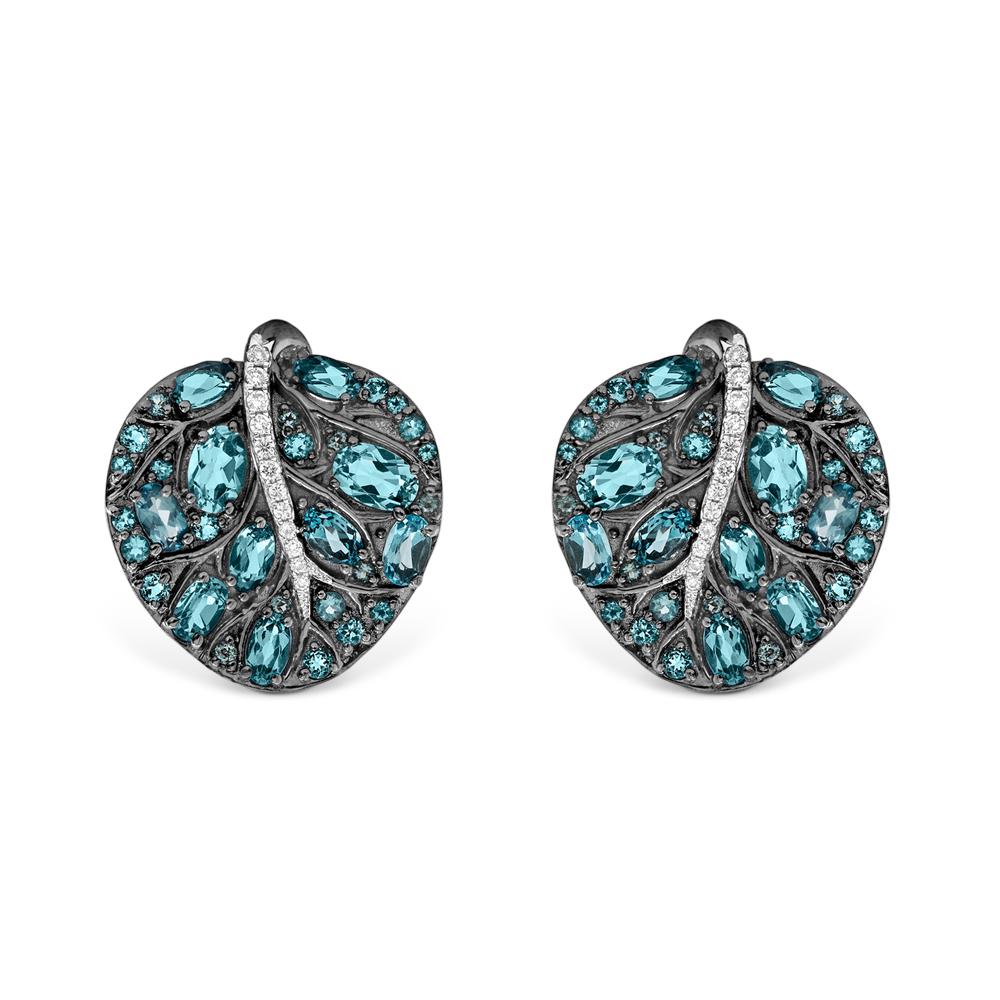 Michael Aram Botanical Leaf 25mm Earrings w/ Blue Topaz &amp; Diamonds in Black Rhodium Sterling Silver &amp; Sterling Silver