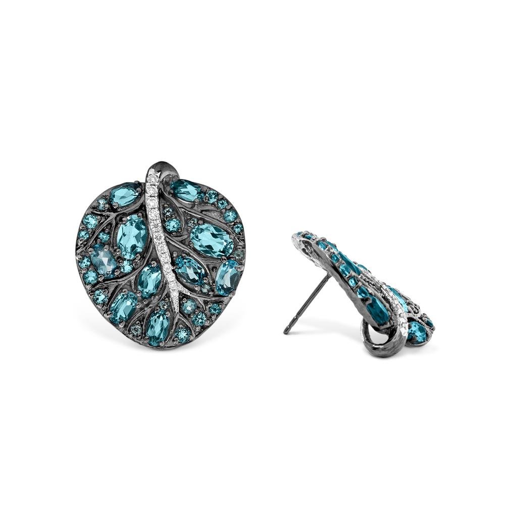 Michael Aram Botanical Leaf 25mm Earrings w/ Blue Topaz &amp; Diamonds in Black Rhodium Sterling Silver &amp; Sterling Silver