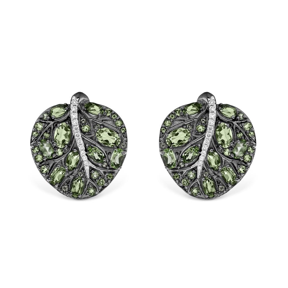 Michael Aram Botanical Leaf 25mm Earrings w/ Peridot & Diamonds in Black Rhodium Sterling Silver & Sterling Silver