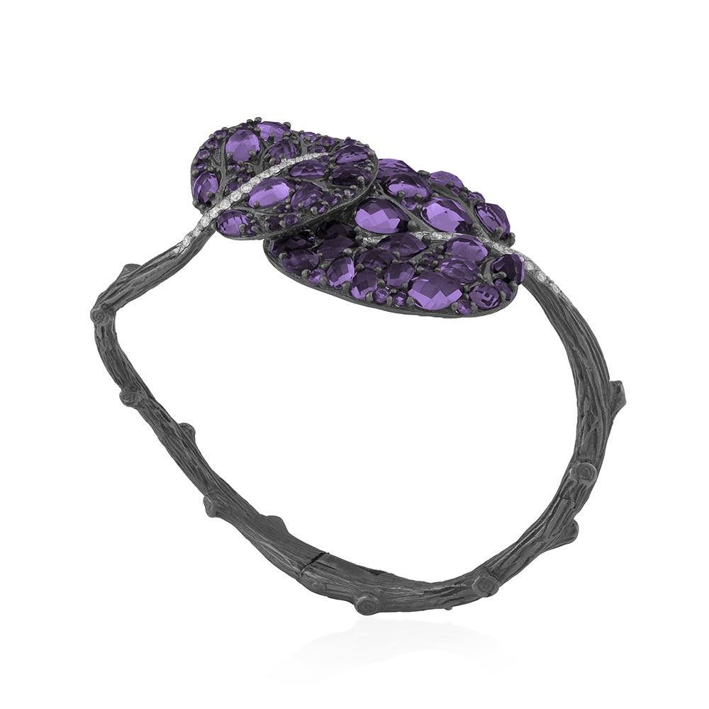 Michael Aram Botanical Leaf Gemstone Bracelet w/ Amethyst & Diamonds in Black Rhodium & Sterling Silver