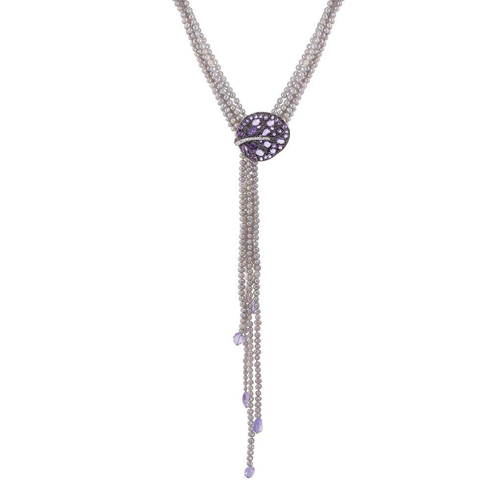 Michael Aram Botanical Leaf Multi Strand Lariat Necklace with Amethyst and Diamonds