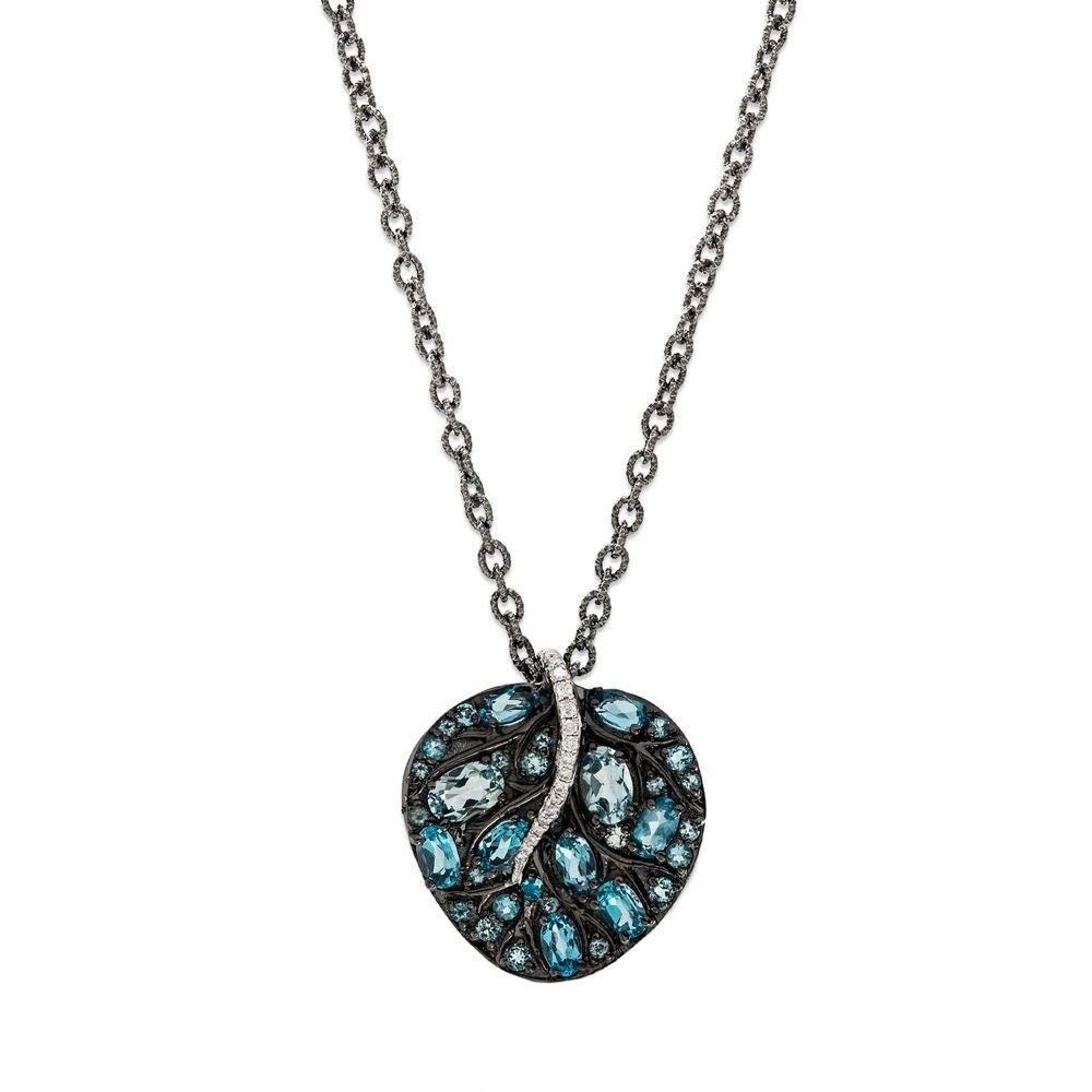 Michael Aram Botanical Leaf Small Pendant w/ Blue Topaz & Diamonds in Black Rhodium Sterling Silver