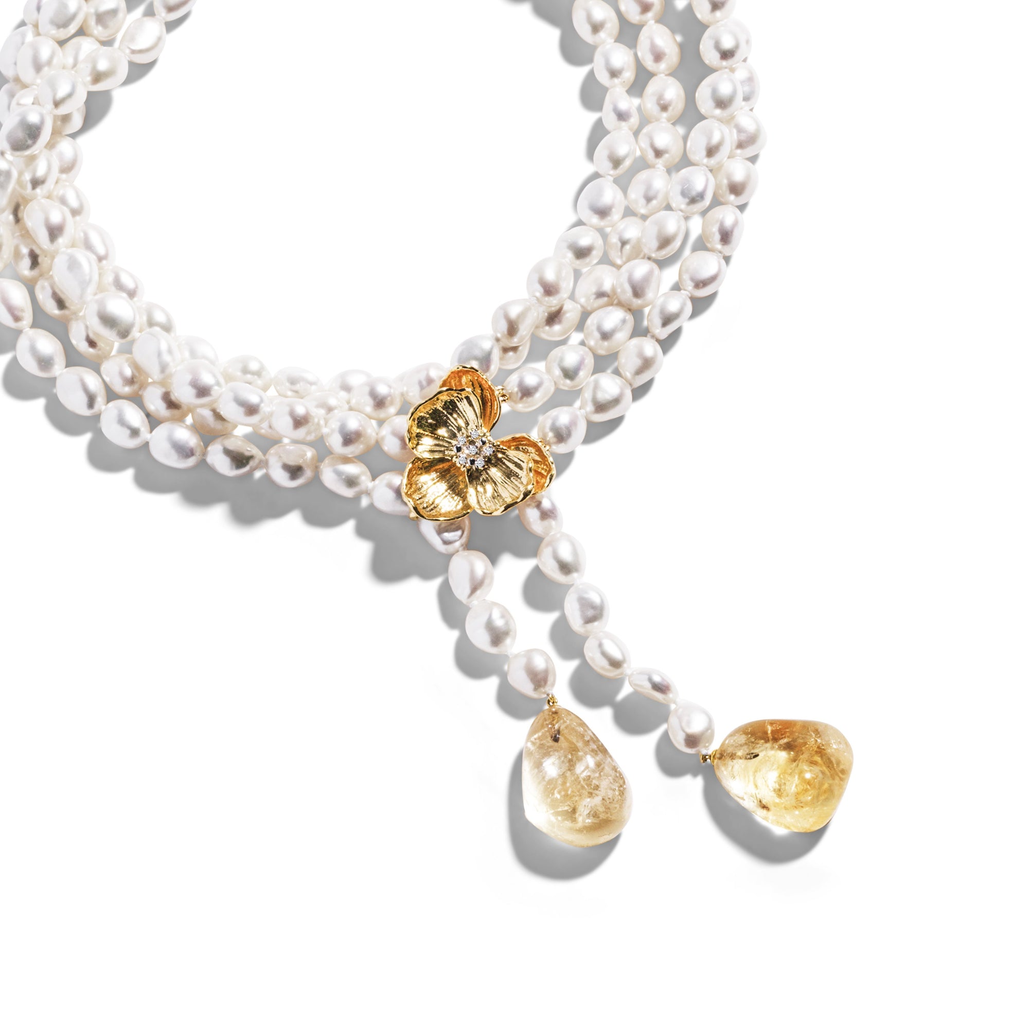 Michael Aram Orchid Lariat Necklace with Pearls, Rutilized Quartz and Diamonds