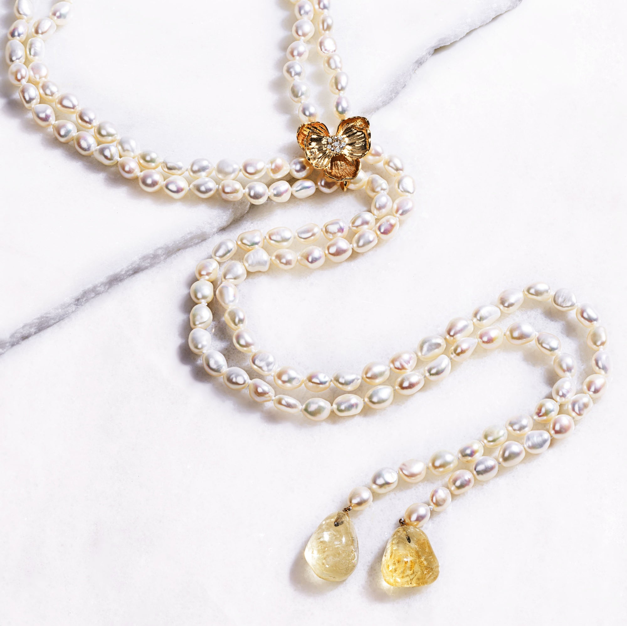 Michael Aram Orchid Lariat Necklace with Pearls, Rutilized Quartz and Diamonds